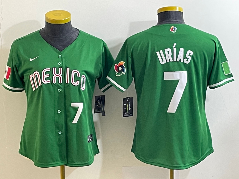 Women's Mexico Baseball #7 Julio Urías 2023 Green World Baseball Classic With Patch Stitched Jersey(Run Small)
